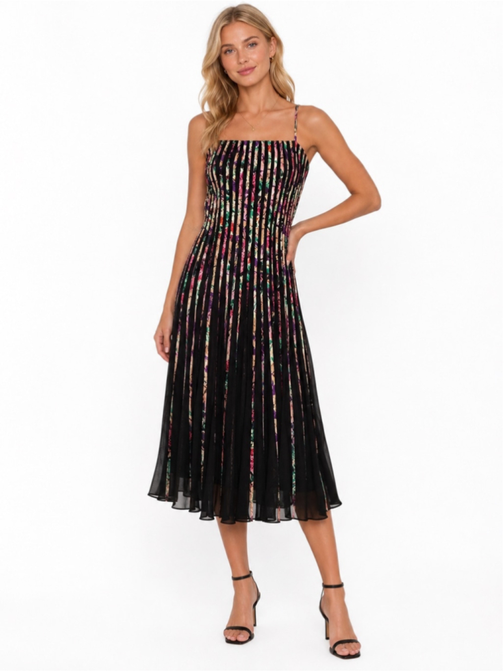 JS Collections Midi Dress Size 6 Black Multicolor Striped